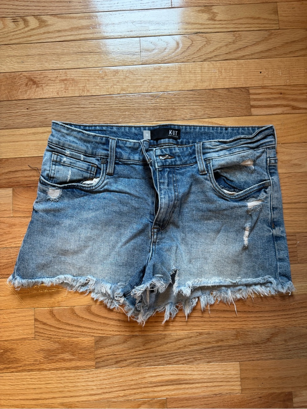 Kut from the Kloth Washed Blue Frayed Hem Denim Shorts
